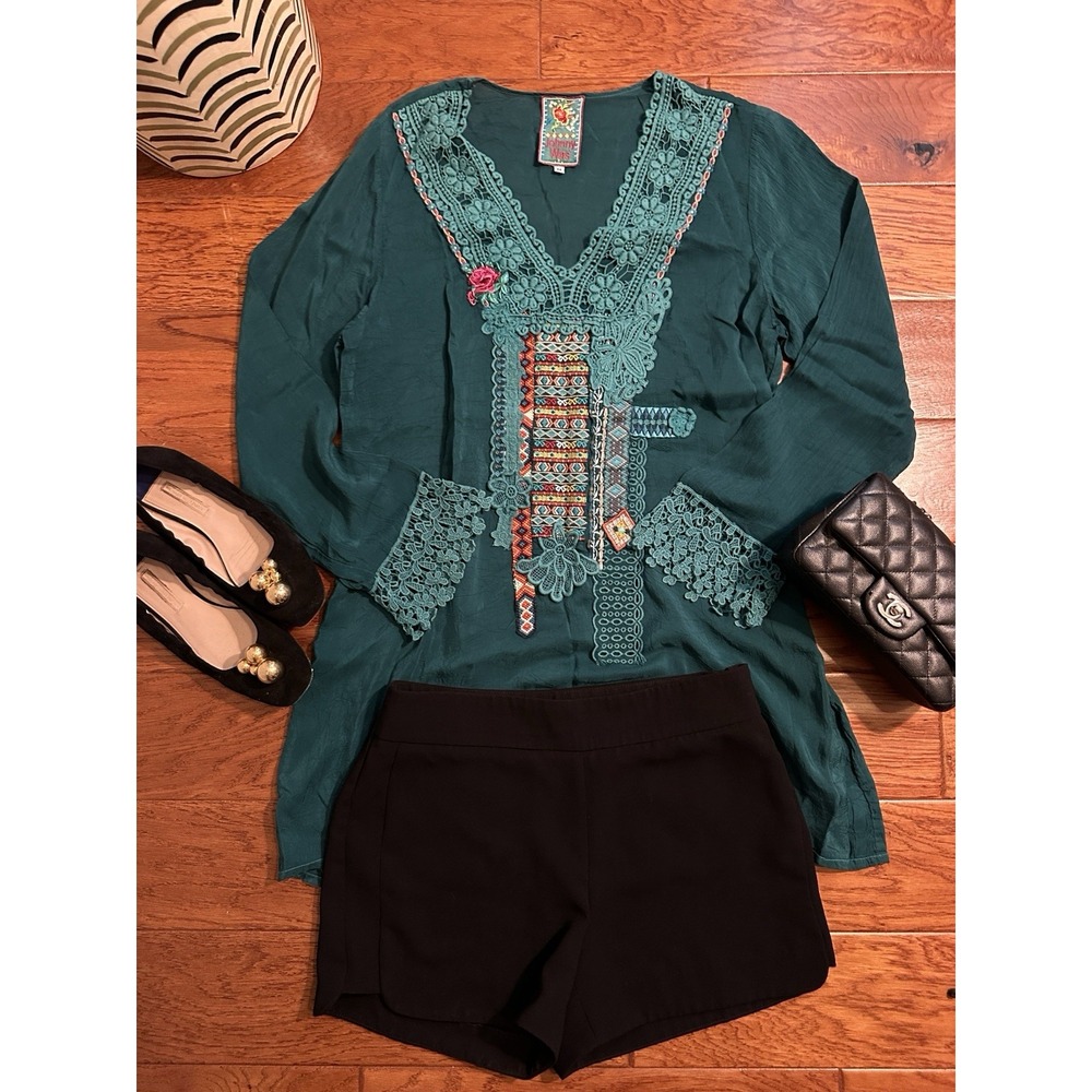 Johnny Was Womens Teal Green Embroidered Crochet Lace Trim Boho Tunic Top M